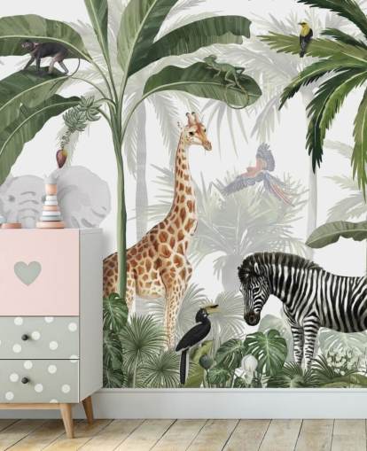 Grün-weiße benutzerdefinierte Dschungel-Tapete namens Jungle Jive von Kikki Belle für Kinder- und Kinderzimmer