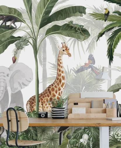 papel pintado verde y blanco personalizado de la jungla llamado Jungle Jive de Kikki Belle para el dormitorio y la guardería de los niños