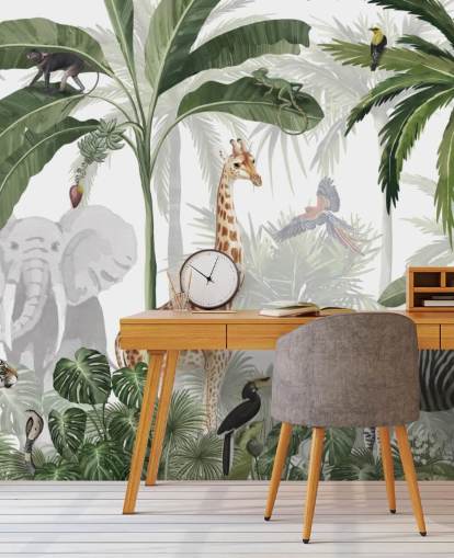 groen-wit op maat gemaakt junglebehang genaamd Jungle Jive van Kikki Belle voor kinderkamer en kinderkamer