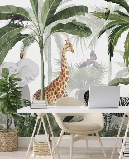 grön och vit anpassad djungel tapet som heter Jungle Jive av Kikki Belle för barns sovrum och plantskola grön och vit anpassad djungel tapet som heter Jungle Jive av Kikki Belle för barns sovrum och plantskola