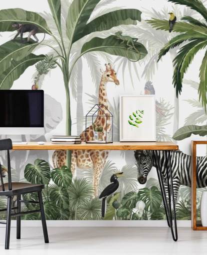 Grün-weiße benutzerdefinierte Dschungel-Tapete namens Jungle Jive von Kikki Belle für Kinder- und Kinderzimmer Grün-weiße benutzerdefinierte Dschungel-Tapete namens Jungle Jive von Kikki Belle für Kinder- und Kinderzimmer