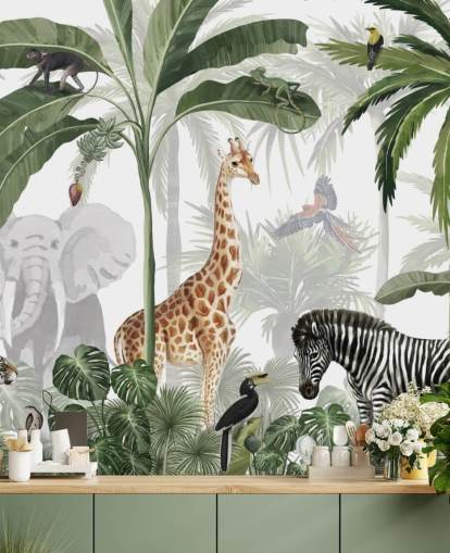 green and white custom jungle wallpaper called Jungle Jive by Kikki Belle for child's bedroom and nursery