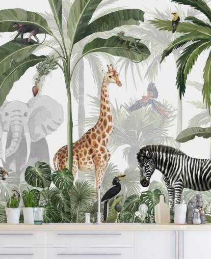 Grün-weiße benutzerdefinierte Dschungel-Tapete namens Jungle Jive von Kikki Belle für Kinder- und Kinderzimmer