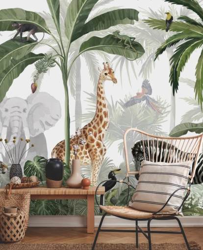 grønt og hvidt brugerdefineret jungle tapet kaldet Jungle Jive af Kikki Belle til børns soveværelse og børnehave