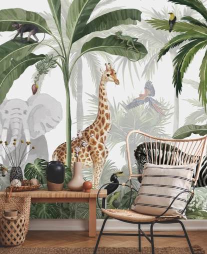 vihreä ja valkoinen mukautettu viidakon taustakuva nimeltä Jungle Jive, kirjoittanut Kikki Belle lasten makuuhuoneeseen ja lastentarhaan