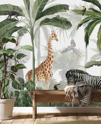 green and white custom jungle wallpaper called Jungle Jive by Kikki Belle for child's bedroom and nursery