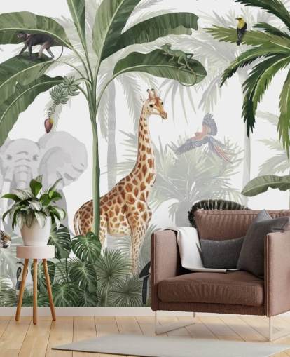 green and white custom jungle wallpaper called Jungle Jive by Kikki Belle for child's bedroom and nursery