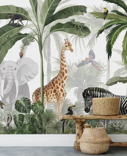 papel pintado verde y blanco personalizado de la jungla llamado Jungle Jive de Kikki Belle para el dormitorio y la guardería de los niños