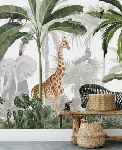groen-wit op maat gemaakt junglebehang genaamd Jungle Jive van Kikki Belle voor kinderkamer en kinderkamer
