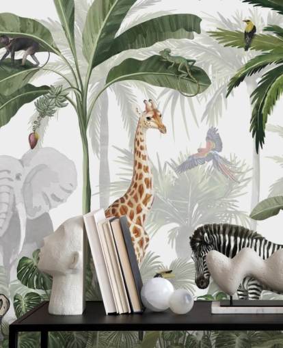 papel de parede de selva personalizado verde e branco chamado Jungle Jive de Kikki Belle para quarto de criança e berçário papel de parede de selva personalizado verde e branco chamado Jungle Jive de Kikki Belle para quarto de criança e berçário