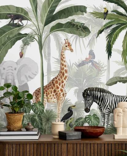 papel pintado verde y blanco personalizado de la jungla llamado Jungle Jive de Kikki Belle para el dormitorio y la guardería de los niños