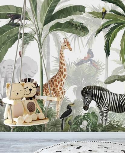 carta da parati personalizzata verde e bianca chiamata Jungle Jive di Kikki Belle per la cameretta dei bambini e la cameretta dei bambini