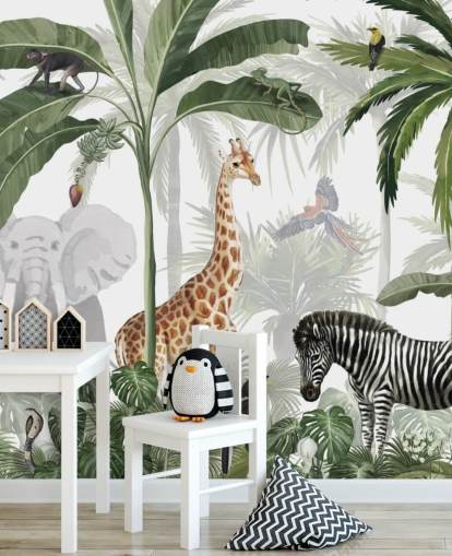 groen-wit op maat gemaakt junglebehang genaamd Jungle Jive van Kikki Belle voor kinderkamer en kinderkamer