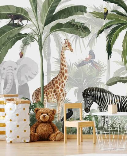 Grün-weiße benutzerdefinierte Dschungel-Tapete namens Jungle Jive von Kikki Belle für Kinder- und Kinderzimmer