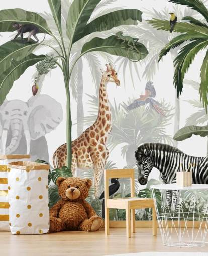 papier peint personnalisé de la jungle vert et blanc appelé Jungle Jive par Kikki Belle pour la chambre d'enfant et la crèche