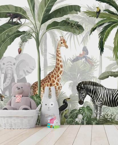 green and white custom jungle wallpaper called Jungle Jive by Kikki Belle for child's bedroom and nursery