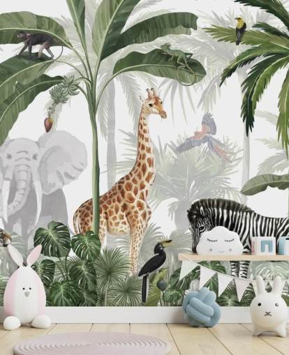 grønt og hvitt tilpasset jungel tapet kalt Jungle Jive av Kikki Belle for barnas soverom og barnehage