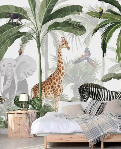 green and white custom jungle wallpaper called Jungle Jive by Kikki Belle for child's bedroom and nursery green and white custom jungle wallpaper called Jungle Jive by Kikki Belle for child's bedroom and nursery