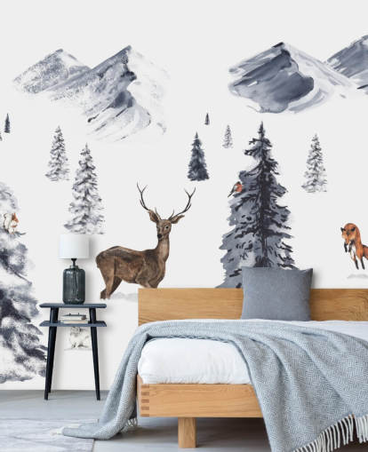 illustrated winter scene with northern animals wallpaper
