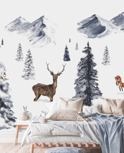 illustrated winter scene with northern animals wallpaper