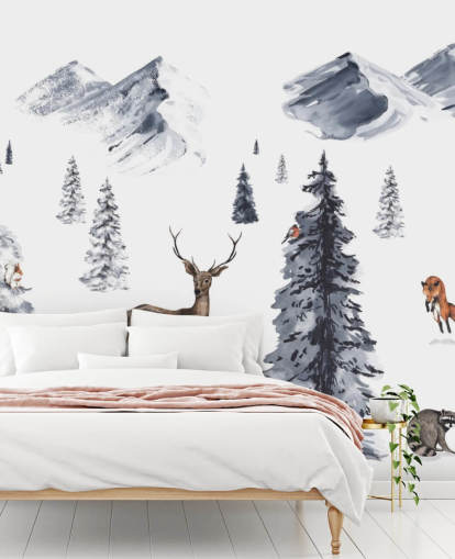 scena invernale illustrata con carta da parati con animali del nord