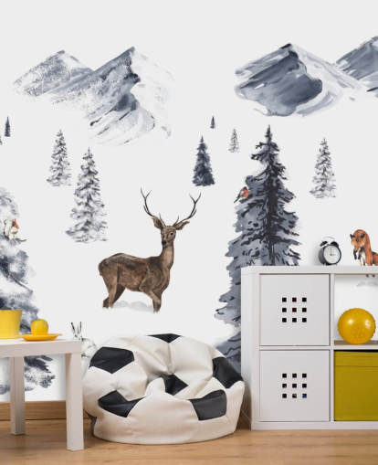 scena invernale illustrata con carta da parati con animali del nord