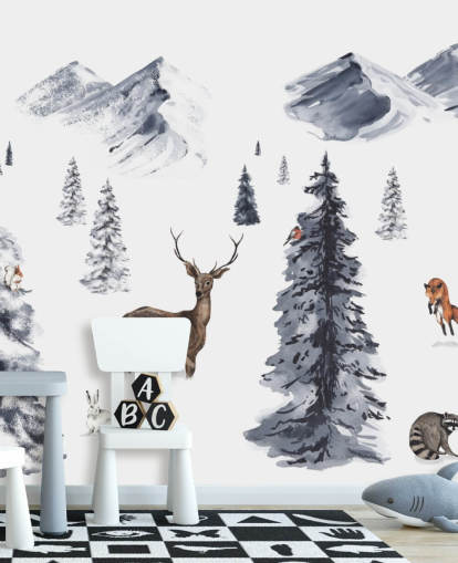 illustrated winter scene with northern animals wallpaper