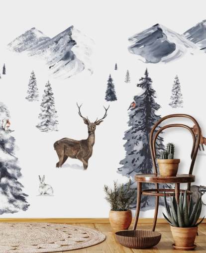 illustrated winter scene with northern animals wallpaper