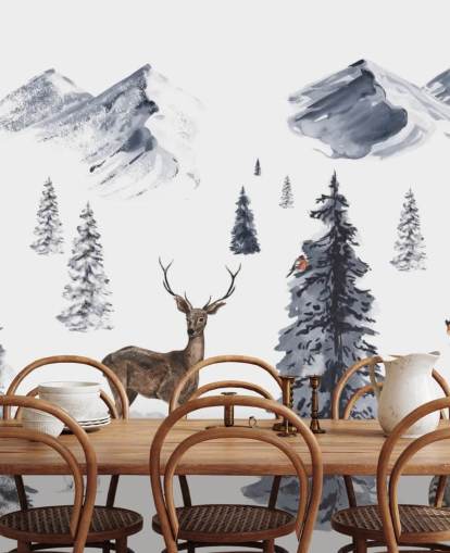 illustrated winter scene with northern animals wallpaper