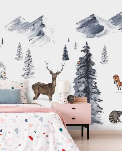 illustrated winter scene with northern animals wallpaper