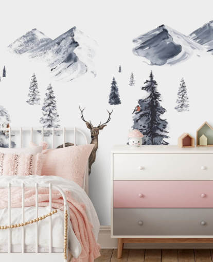 illustrated winter scene with northern animals wallpaper