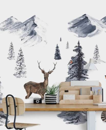 illustrated winter scene with northern animals wallpaper