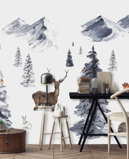 illustreret vinterscene med nordlige dyr tapet illustreret vinterscene med nordlige dyr tapet