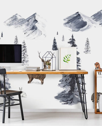 illustrated winter scene with northern animals wallpaper