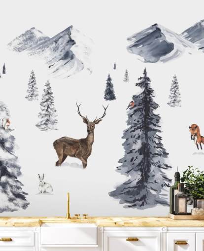 scena invernale illustrata con carta da parati con animali del nord