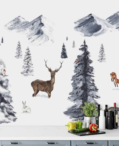 scena invernale illustrata con carta da parati con animali del nord