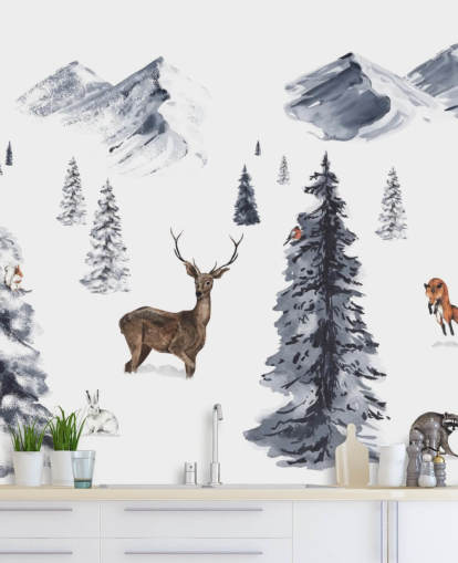 geïllustreerd wintertafereel met behang met noordelijke dieren