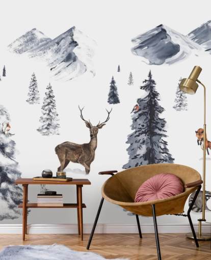 illustrated winter scene with northern animals wallpaper