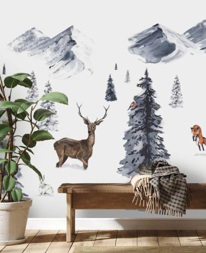 illustrated winter scene with northern animals wallpaper