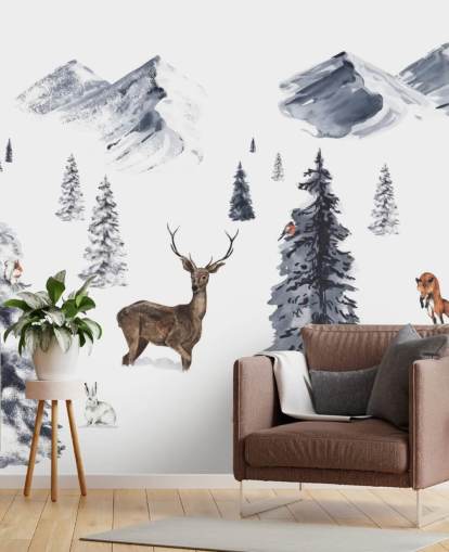 illustrated winter scene with northern animals wallpaper