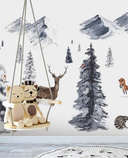 scena invernale illustrata con carta da parati con animali del nord scena invernale illustrata con carta da parati con animali del nord