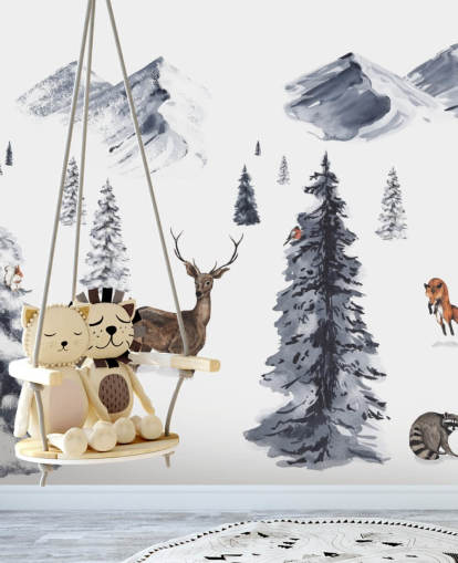 geïllustreerd wintertafereel met behang met noordelijke dieren