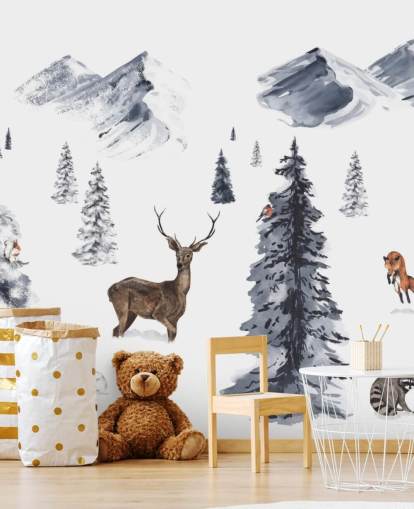 geïllustreerd wintertafereel met behang met noordelijke dieren