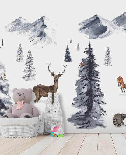 illustreret vinterscene med nordlige dyr tapet illustreret vinterscene med nordlige dyr tapet