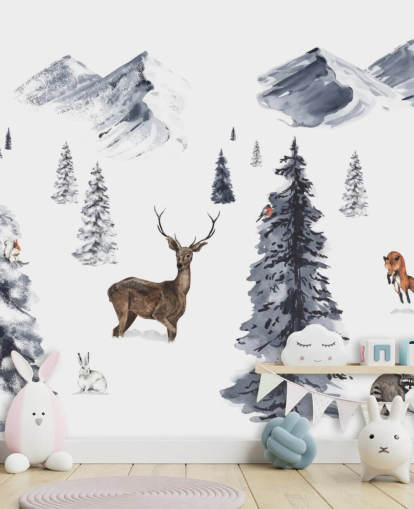 geïllustreerd wintertafereel met behang met noordelijke dieren