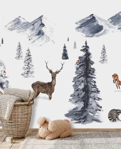 scena invernale illustrata con carta da parati con animali del nord scena invernale illustrata con carta da parati con animali del nord