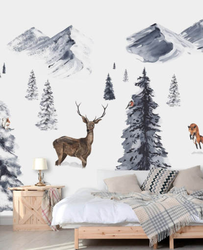 illustrated winter scene with northern animals wallpaper