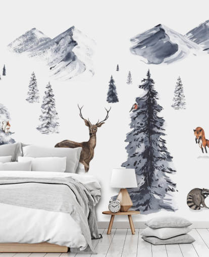 illustrated winter scene with northern animals wallpaper