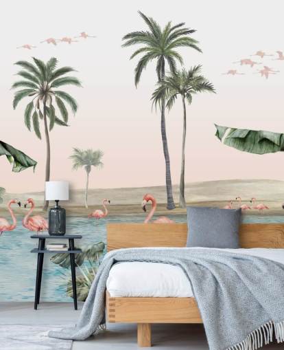illustration de style vintage de flamants roses par un papier peint d'oasis tropicale illustration de style vintage de flamants roses par un papier peint d'oasis tropicale