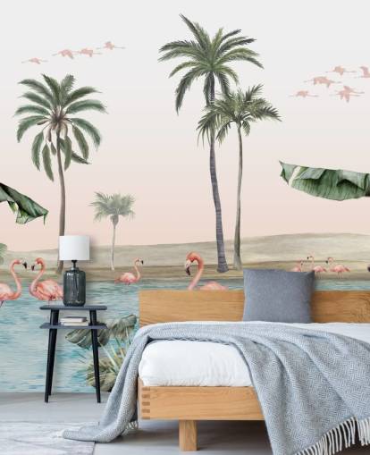 ilustração de estilo vintage de flamingos por um papel de parede de oásis tropical